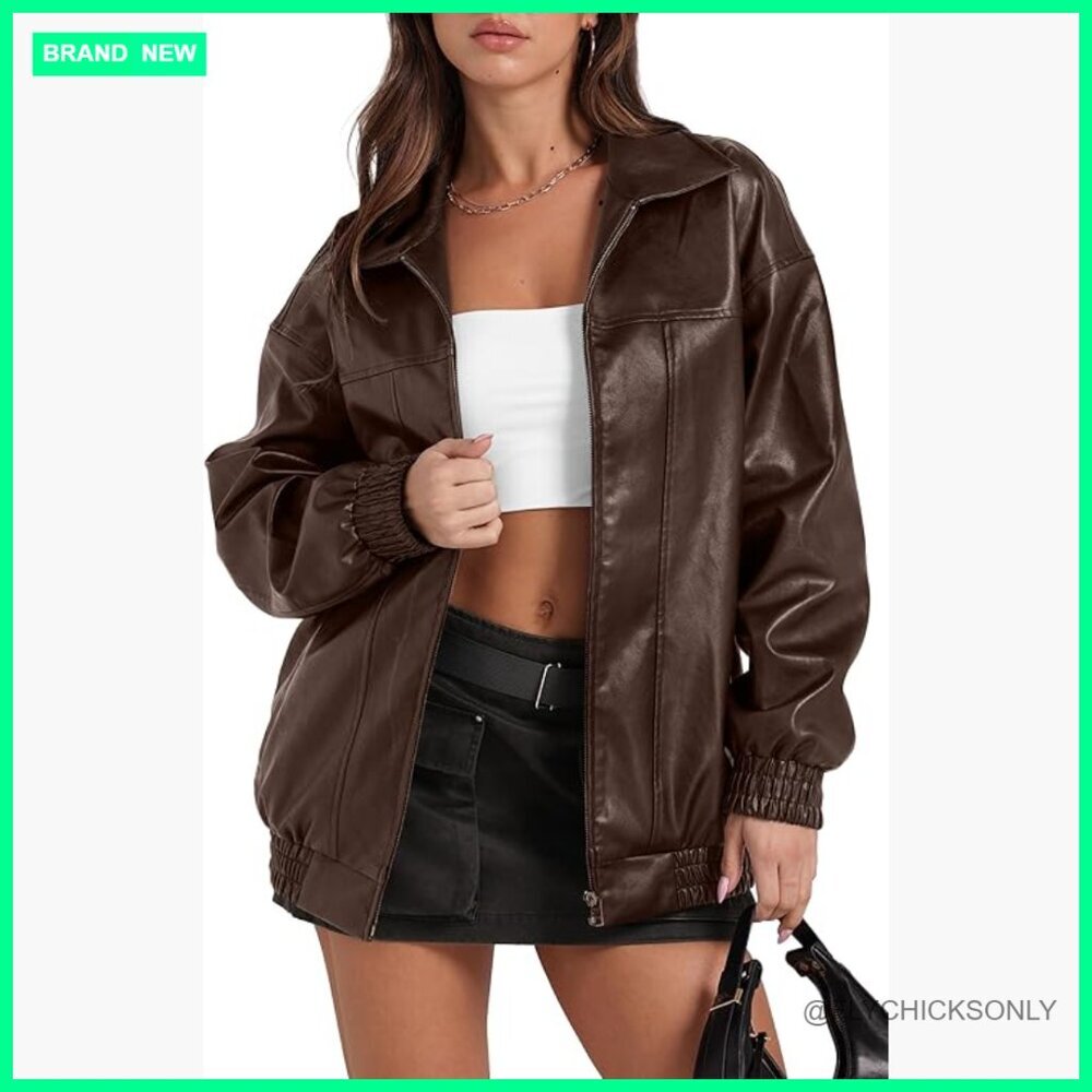 Faux Leather Oversized Motorcycle Bomber Jacket Women PU Leather